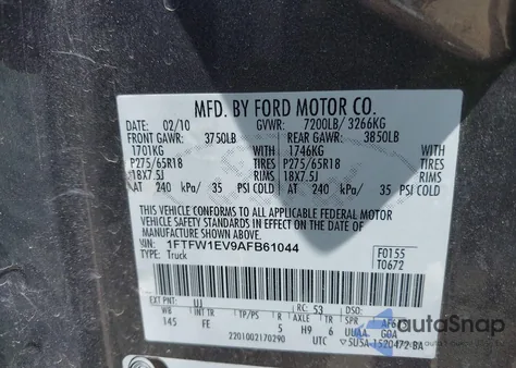 2010 Ford F-150 Fx4/Harley-Davidson/Lariat/Xl/Xlt из США, поврежденный, VIN 1FTFW1EV9AFB61044